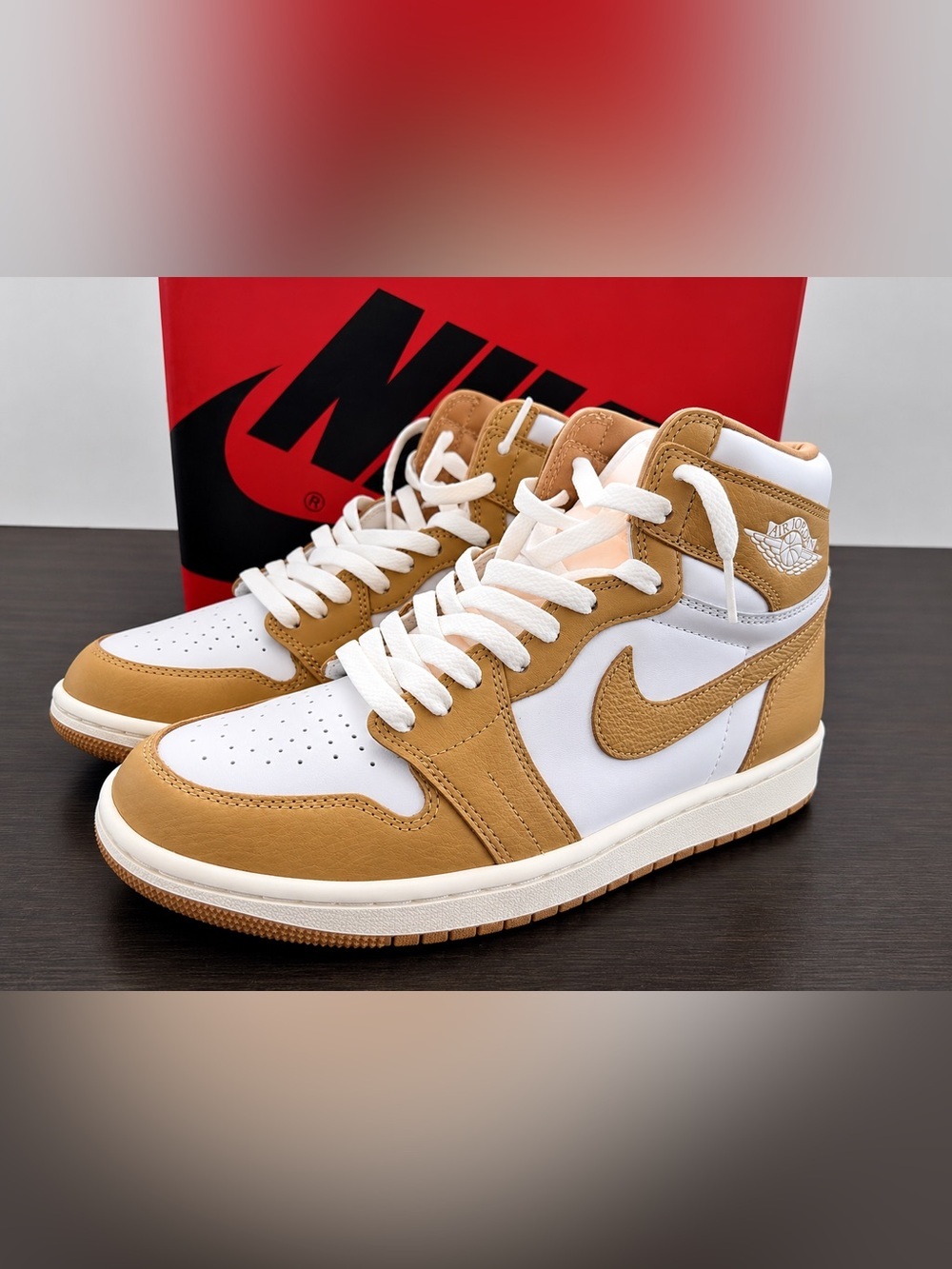 Jordan High Top Sneaker in White and Wheat Tan 8.5